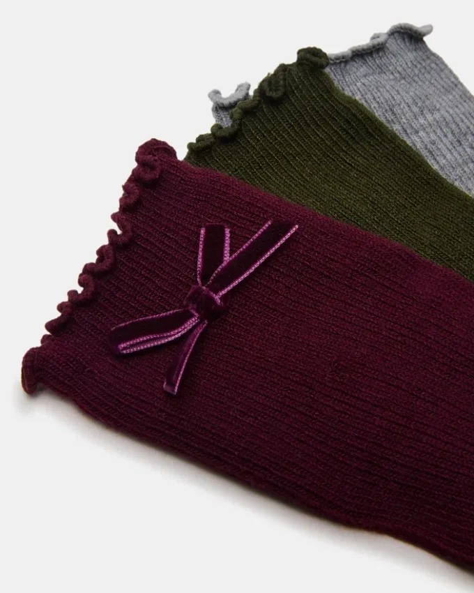 3-pak Folly Velvet Bow Rib Crew-strømper i kirsebær